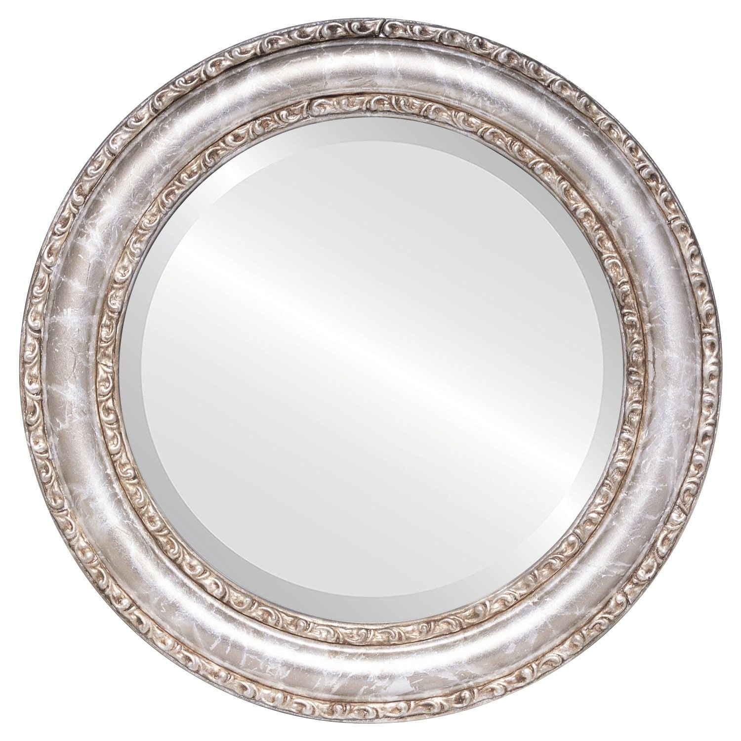 Dorset Framed Round Mirror In Champagne Silver – Antique Antique Silver Pertaining To Antique Gold Leaf Round Oversized Wall Mirrors (View 7 of 15)