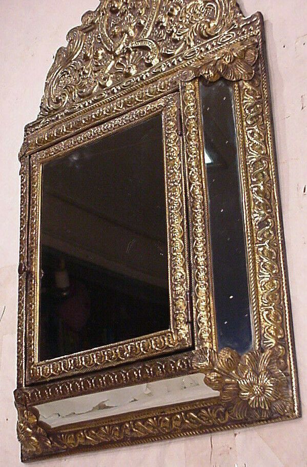 Dutch Antique Vintage Ornate Brass Hall Mirror Brushes Wall Glass Throughout Antique Brass Wall Mirrors (View 8 of 15)
