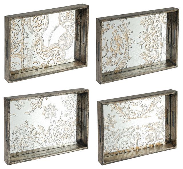 Etched Glass Mirror Serving Trays, 4 Piece Set – Transitional – Serving Pertaining To Glass 4 Piece Wall Mirrors (View 10 of 15)