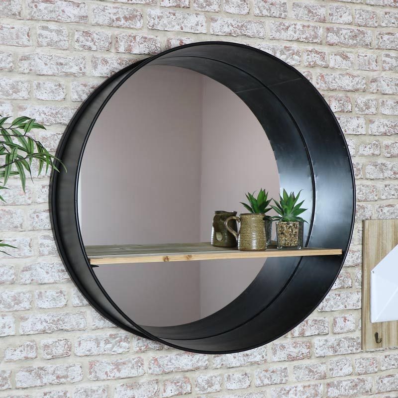 Extra Large Round Black Metal Industrial Wall Mirror Wood Shelving Throughout Black Metal Wall Mirrors (View 6 of 15)