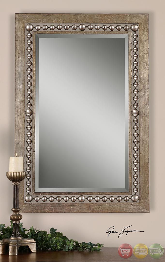 Fidda Modern Antiqued Silver Leaf Rectangular Mirror W Beaded Design Throughout Glam Silver Leaf Beaded Wall Mirrors (View 4 of 15)
