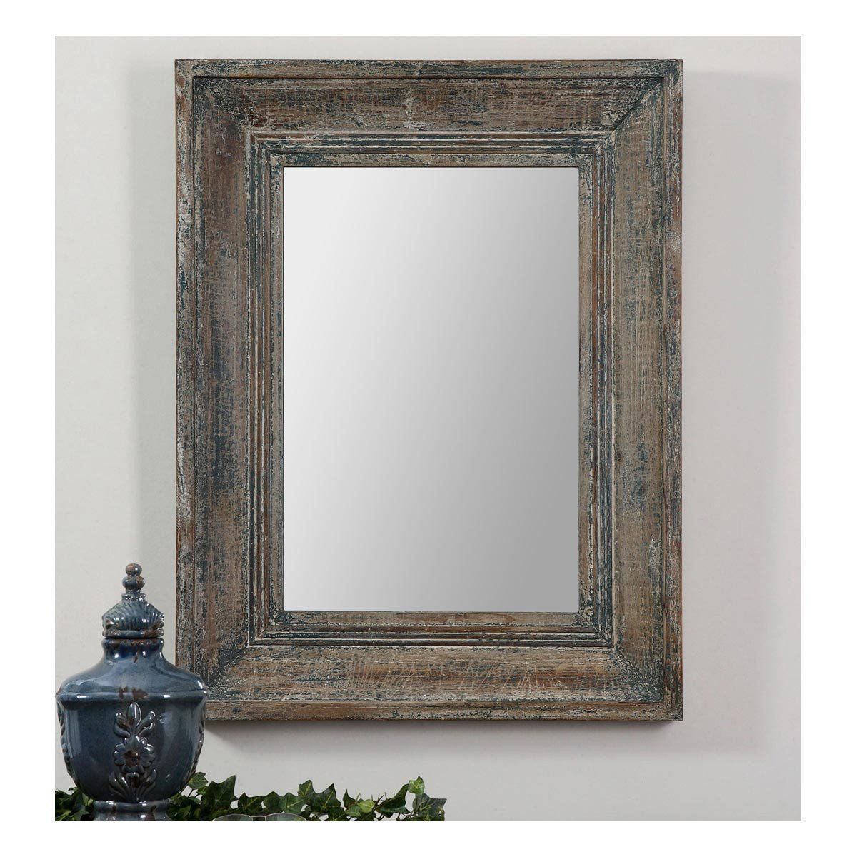Frame Features A Heavily Distressed, Blue Green Finish With Aged Wood Pertaining To Kristy Rectangular Beveled Vanity Mirrors In Distressed (View 2 of 15)