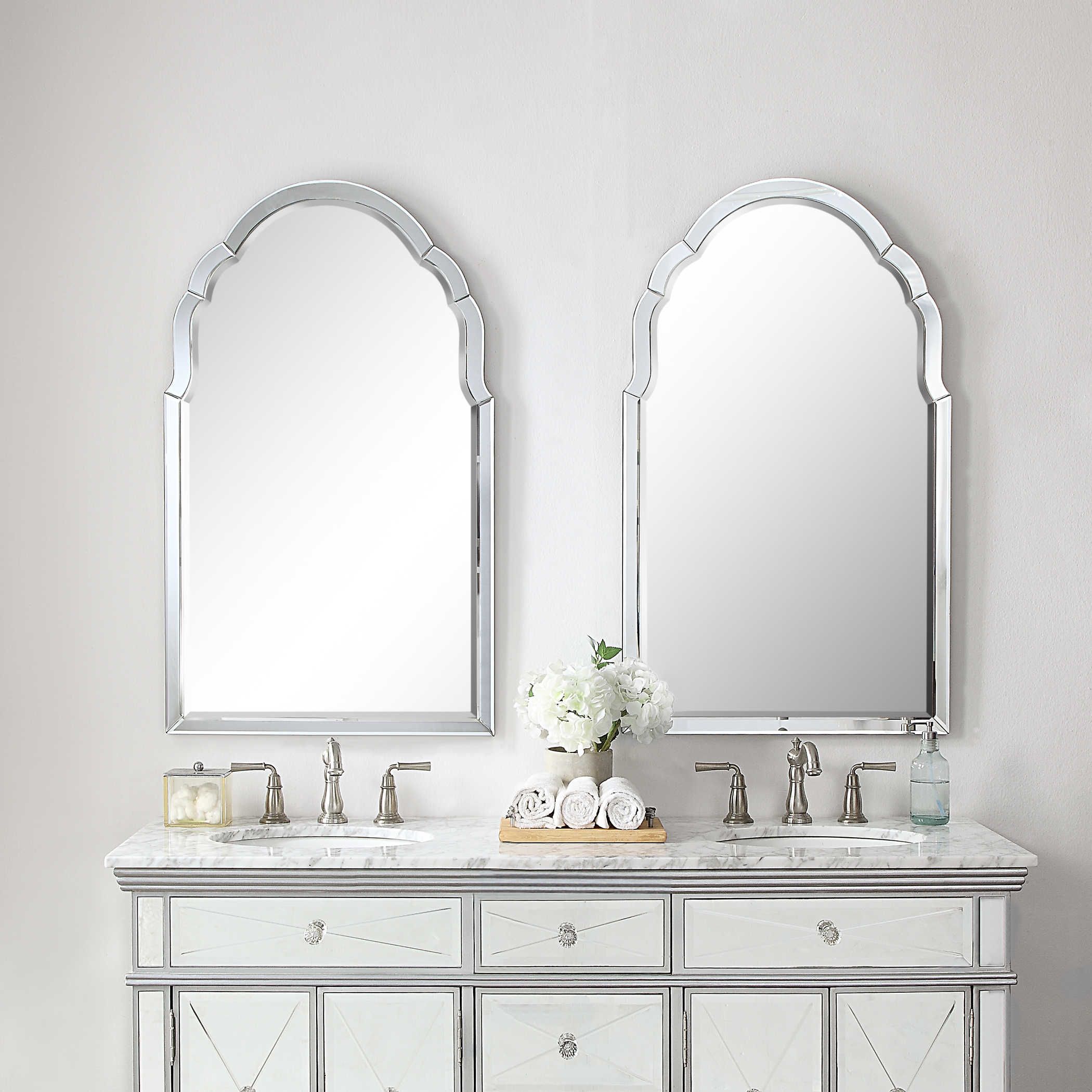 Frameless Venetian Arch Wall Mirror Curved Beveled Glass 792977091494 For Frameless Rectangle Vanity Wall Mirrors (View 15 of 15)