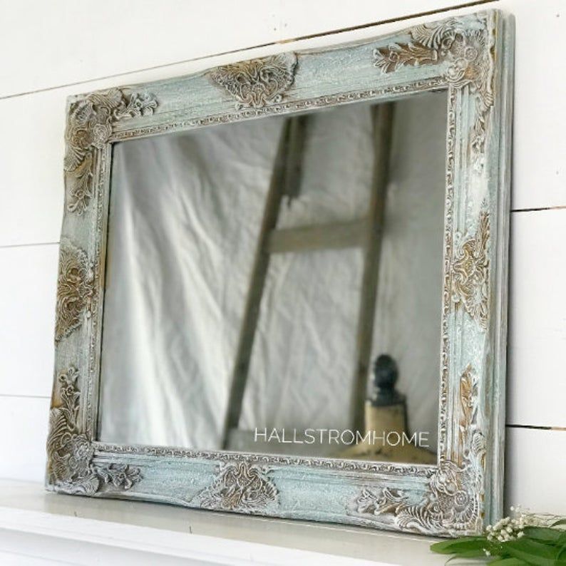 French Shabby Chic Wall Mirror/ Blue Wood Framed Bathroom | Etsy Throughout Subtle Blues Art Glass Wall Mirrors (View 13 of 15)