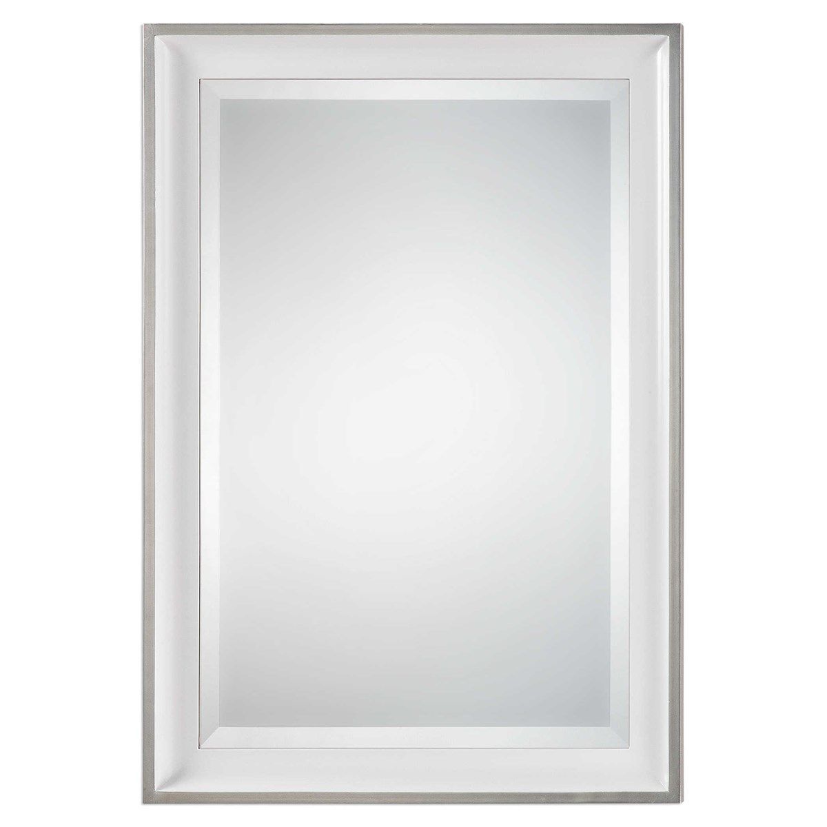 Gloss White With Silver Leaf Edge Vanity Mirror – On Backorder Until Regarding Glossy Blue Wall Mirrors (View 12 of 15)