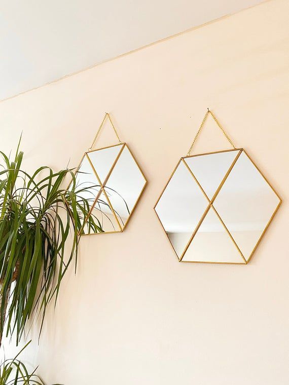 Gold Hexagon Mirror Wall Decor Set Of 2  Geometric Hanging Mirror For Gold Hexagon Wall Mirrors (View 15 of 15)