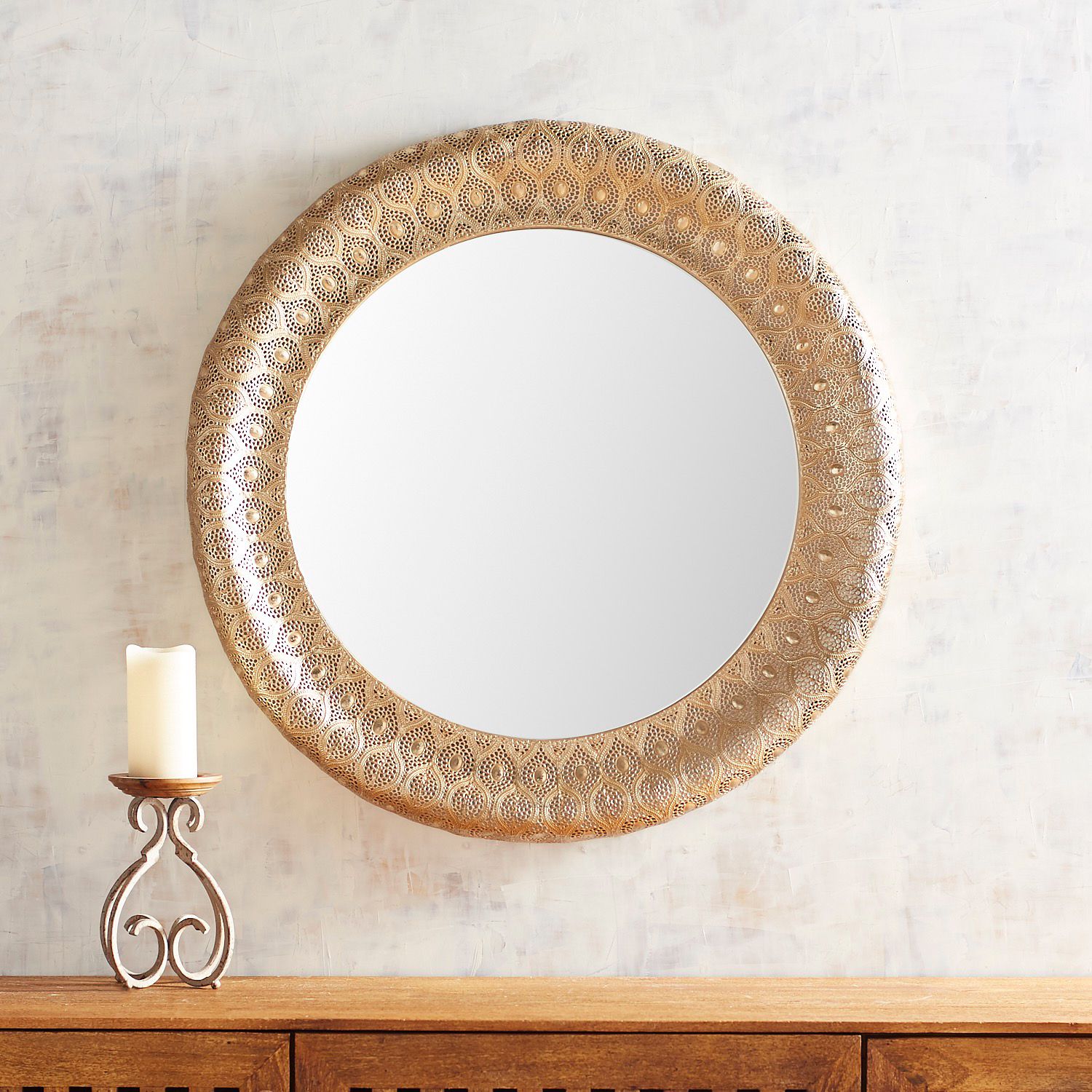 Golden Punched Metal 32" Round Mirror – Pier1 With Regard To Rustic Black Round Oversized Mirrors (View 15 of 15)