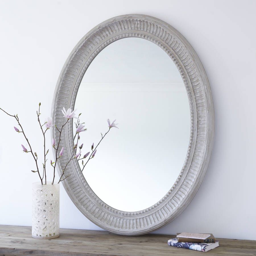 Grand Grey Oval Wooden Wall Mirrorprimrose & Plum Intended For Gray Washed Wood Wall Mirrors (View 10 of 15)