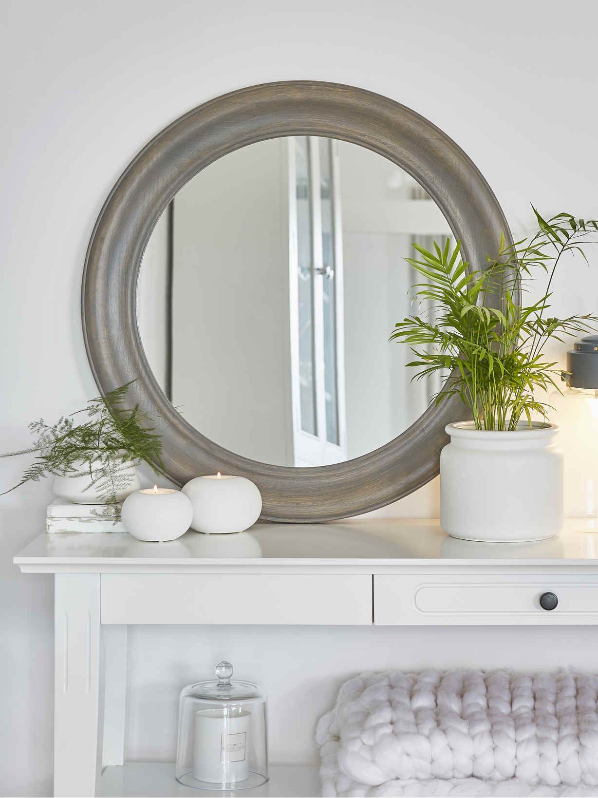 Grey Wooden Mirror – Round | Round Wooden Mirror, Wooden Mirror, Mirror With Regard To Gray Washed Wood Wall Mirrors (View 8 of 15)