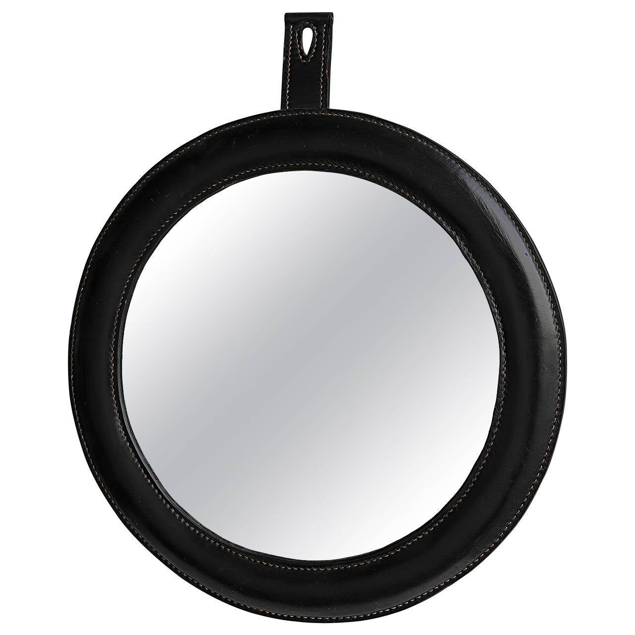 Hand Stitched Black Leather Wall Mirror In Style Of Jacques Adnet For For Black Leather Strap Wall Mirrors (View 12 of 15)