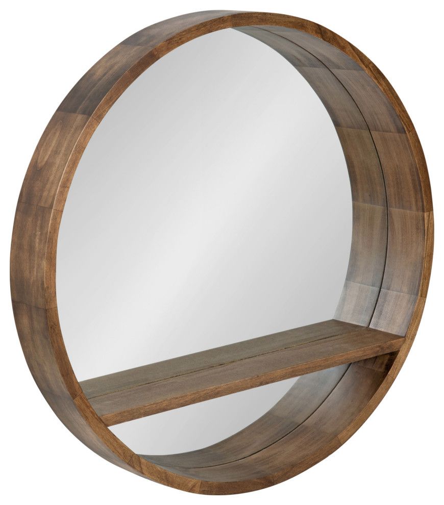 Hutton Round Mirror With Shelf, Rustic Brown 30" Diameter Regarding Brown Leather Round Wall Mirrors (View 6 of 15)