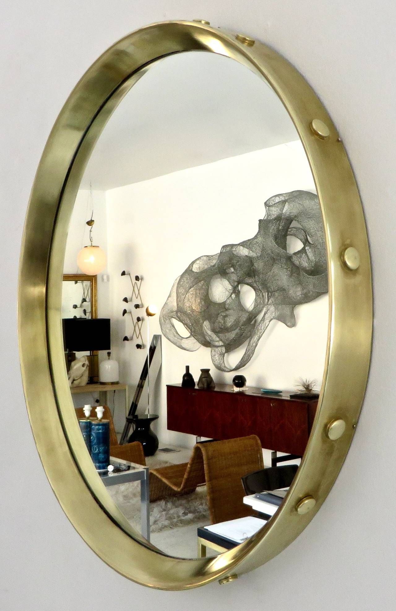 Italian Round Brass Framed Mirror With Decorative Buttons At 1stdibs In Uneven Round Framed Wall Mirrors (View 12 of 15)