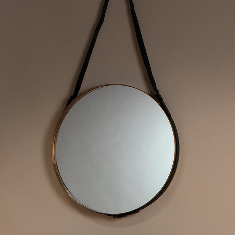 Jamie Young Company Large Round Mirror In Antique Brass & Black Leather Pertaining To Brown Leather Round Wall Mirrors (View 9 of 15)