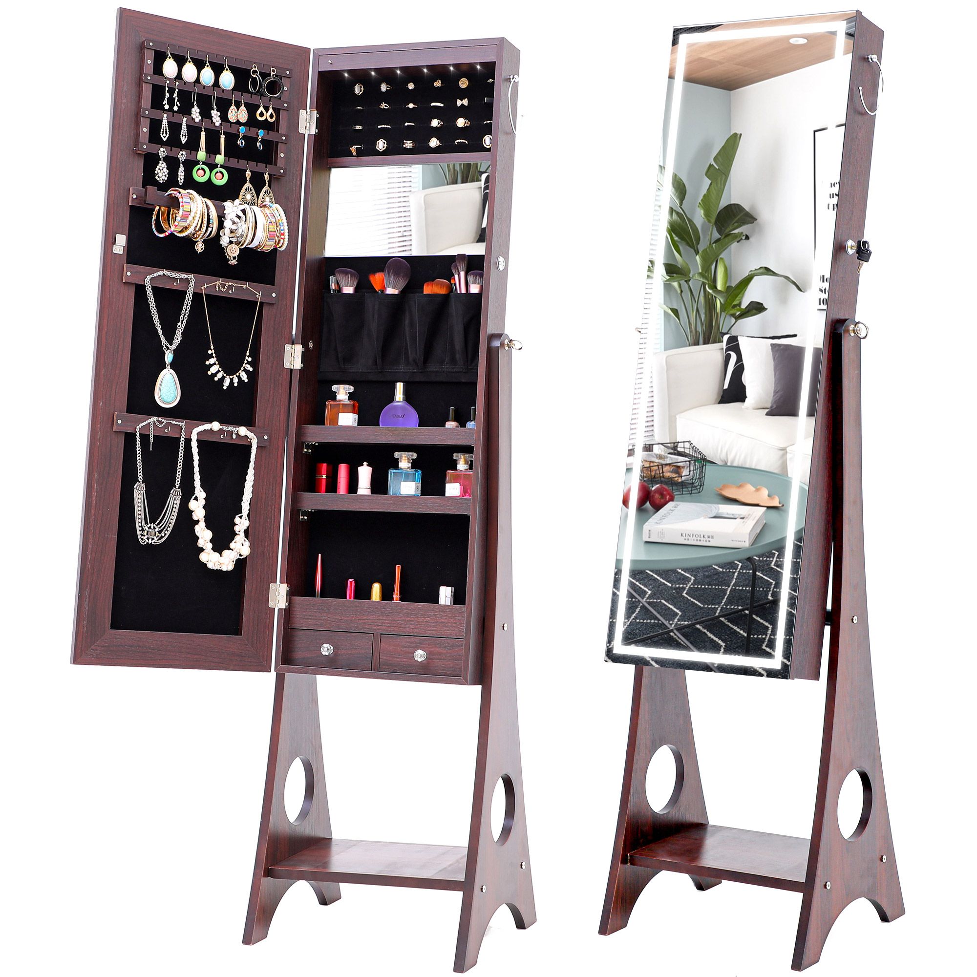 Jewelry Organizer Cabinet,btmway Floor Standing Jewelry Armoire With Hallas Wall Organizer Mirrors (View 1 of 15)