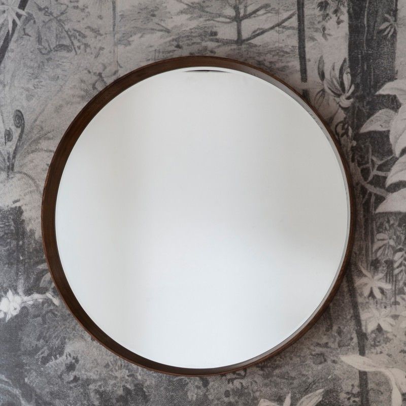 Kalem Wooden Frame Round Wall Mirror, 100cm, Walnut With Regard To Wood Rounded Side Rectangular Wall Mirrors (View 7 of 15)