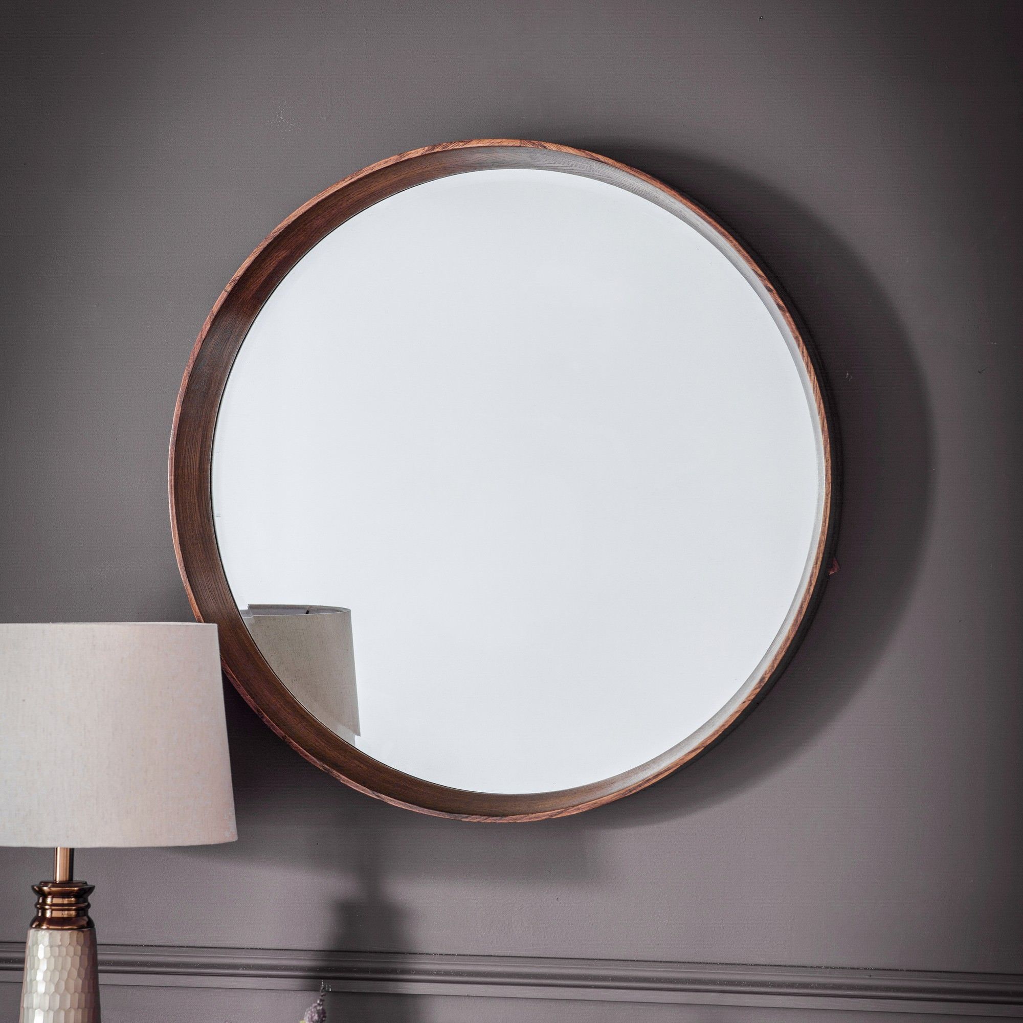 Kalem Wooden Frame Round Wall Mirror, 74cm, Walnut In Round Stacked Wall Mirrors (View 5 of 15)