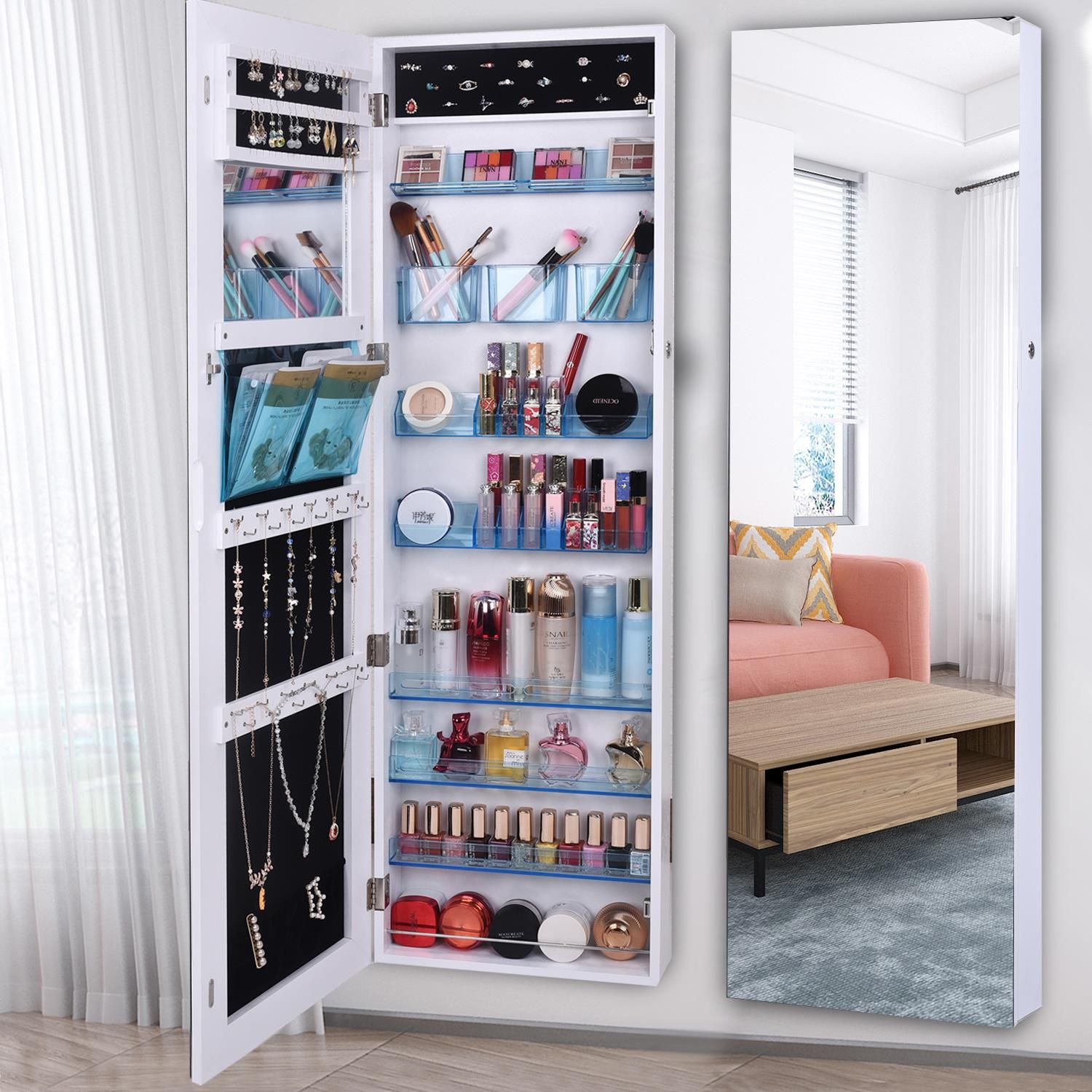 Ktaxon Mirrored Jewelry Armoire Wall Cabinet Acrylic Storage Makeup Pertaining To Hallas Wall Organizer Mirrors (View 3 of 15)