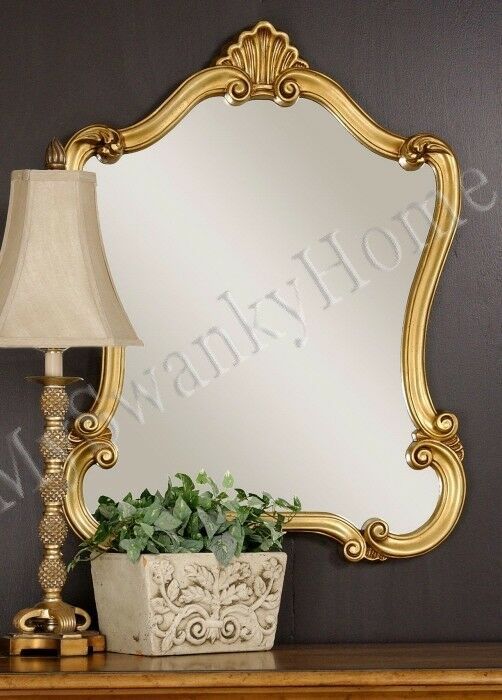 Large 35" Antique Gold Shaped Vanity Mirror Neiman Marcus Wall For Antique Gold Etched Wall Mirrors (View 10 of 15)