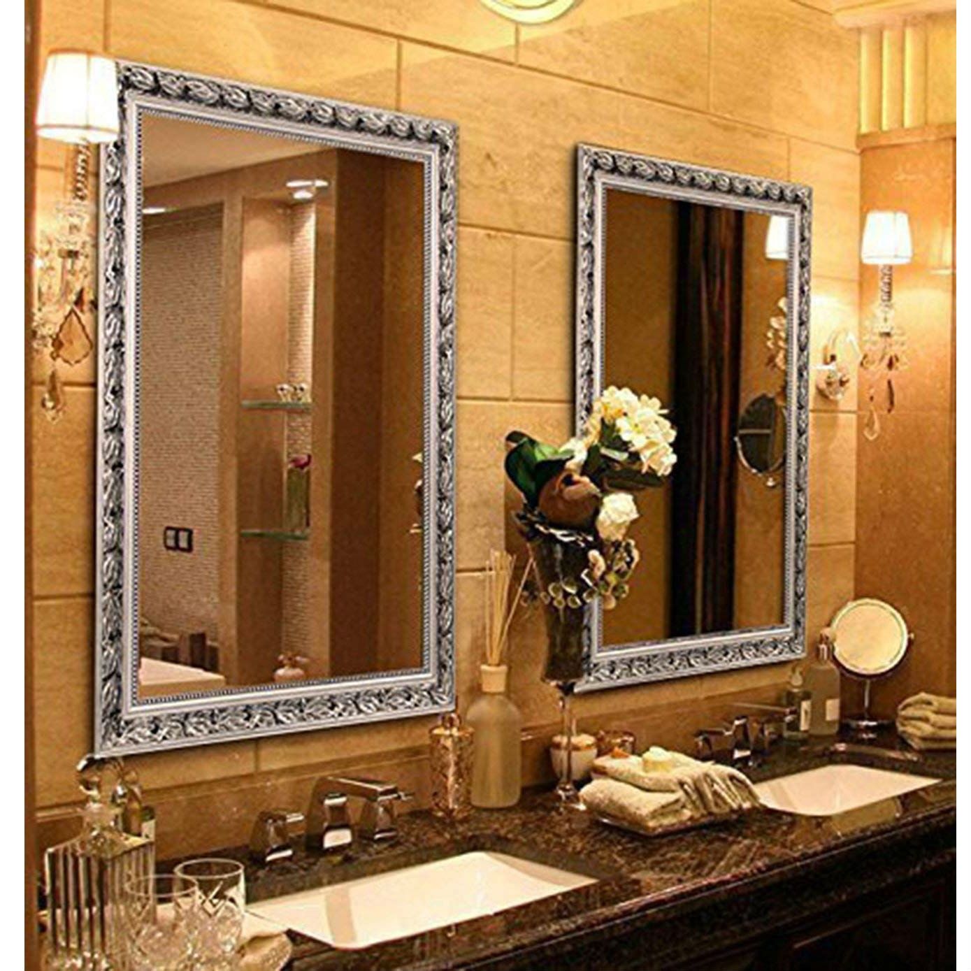 Large 38 X 26 Inch Bathroom Wall Mirror With Baroque Style Silver Wood In Wall Mirrors (View 6 of 15)
