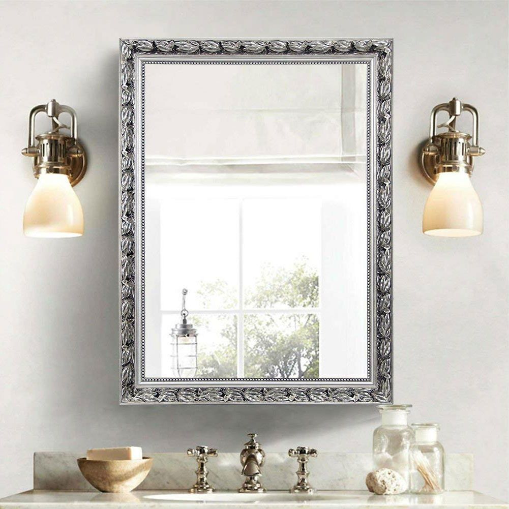 Large 38 X 26 Inch Bathroom Wall Mirror With Baroque Style Silver Wood Within Silver Asymmetrical Wall Mirrors (View 8 of 15)