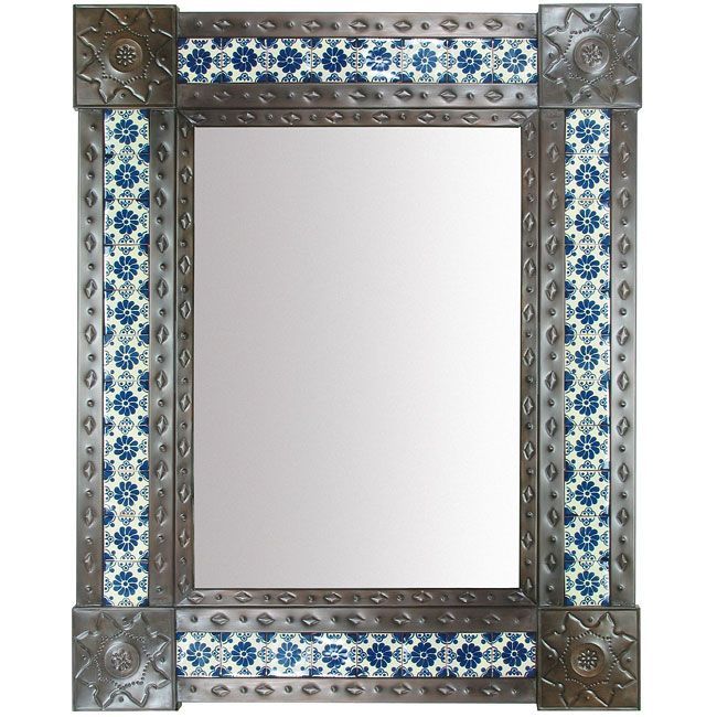 Large Aged Tin & Tile Mirror – Mexican Wall Mirror | Mirror Wall In Aged Silver Vanity Mirrors (View 9 of 15)