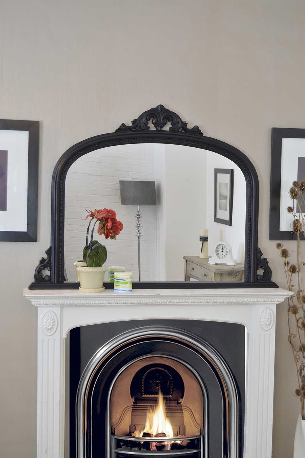 Large Antique Style Arched Black Overmantle Wall Mirror Wood 4ft2 X 3ft With Black Wall Mirrors (View 11 of 15)