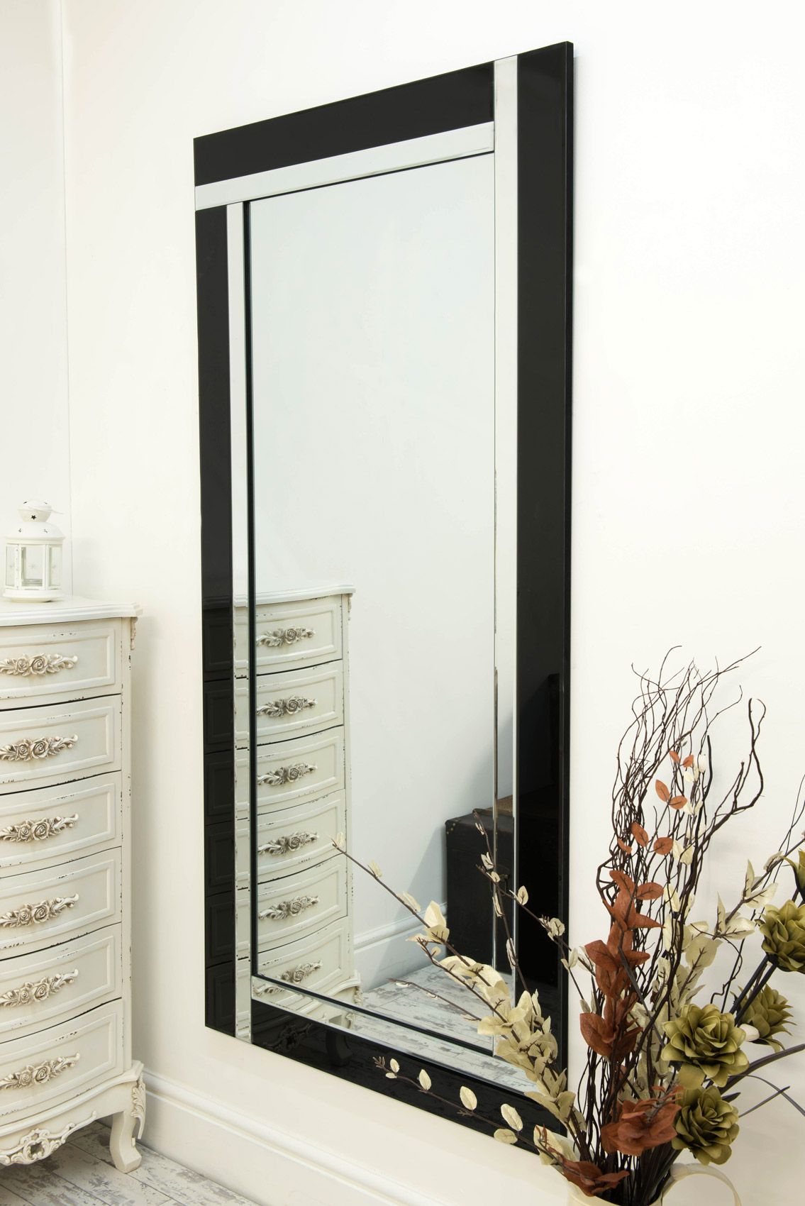 Large Black And Silver Full Length Bevelled Wall Mirror 5ft9 X 2ft9 With Regard To Modern & Contemporary Beveled Overmantel Mirrors (View 13 of 15)