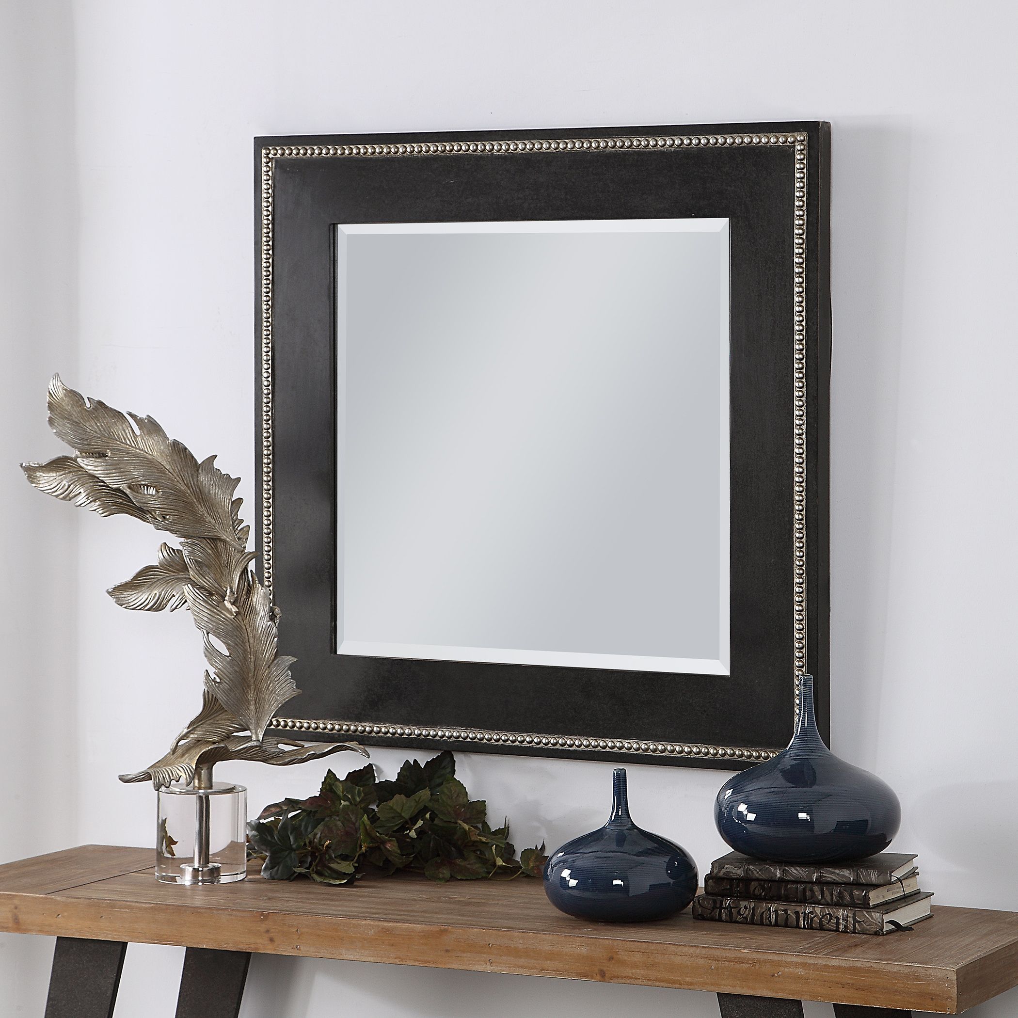 Large Black Square Beveled Wall Mirror Contemporary Style Traditional In Glen View Beaded Oval Traditional Accent Mirrors (View 3 of 15)