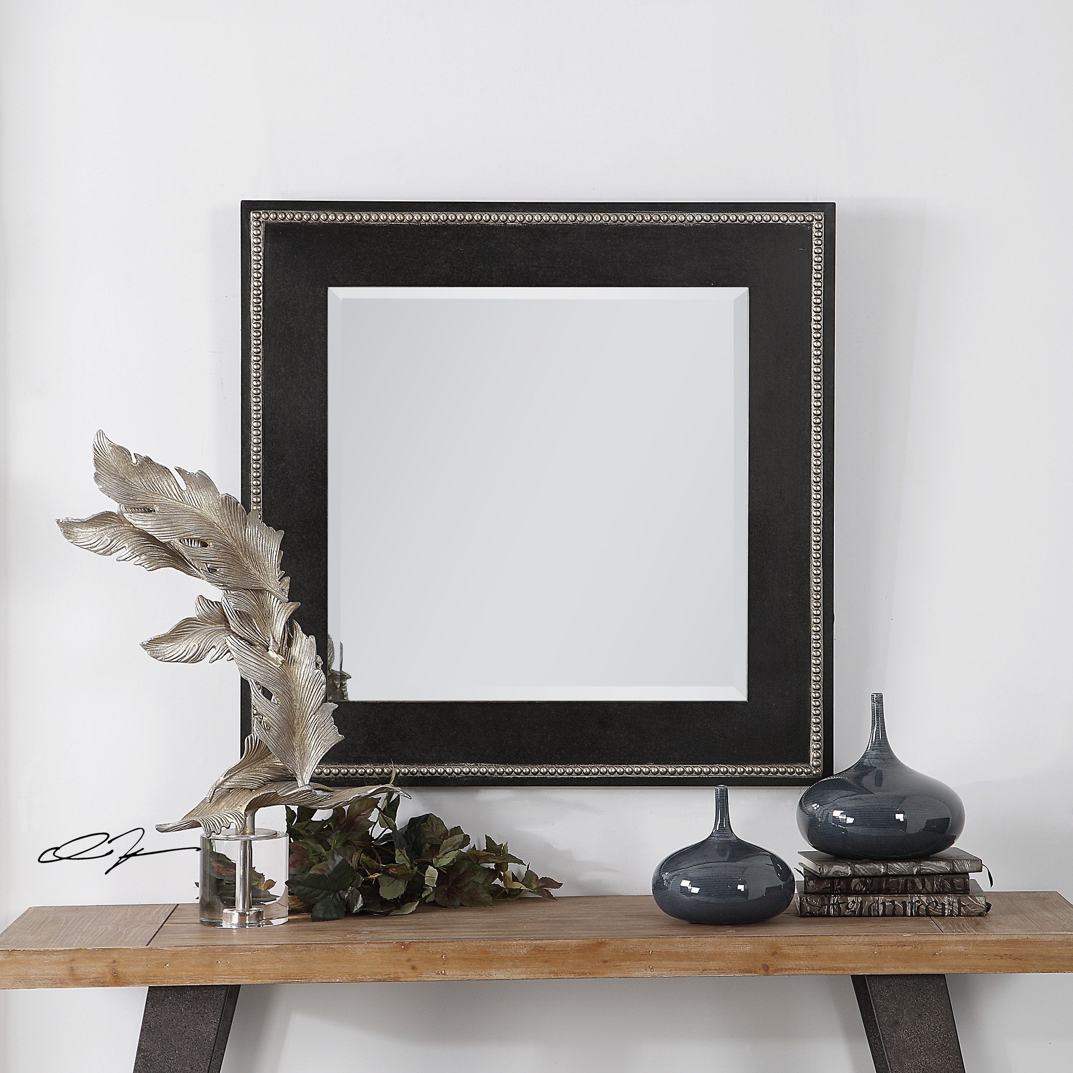 Large Black Square Beveled Wall Mirror Contemporary Style Traditional Inside Glen View Beaded Oval Traditional Accent Mirrors (View 2 of 15)