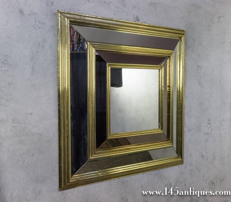 Large French, 1980s Square Brass Framed Mirror For Sale At 1stdibs With Regard To French Brass Wall Mirrors (View 5 of 15)
