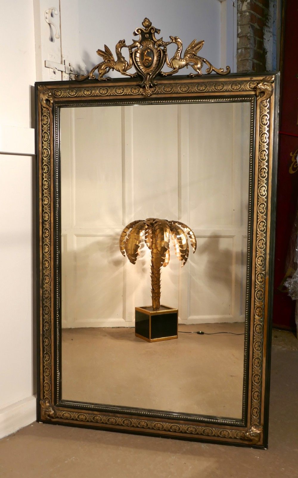 Large French Ebonised, Brass And Gilt Wall Mirror, Dragons And Crest In Wall Mirrors (View 9 of 15)