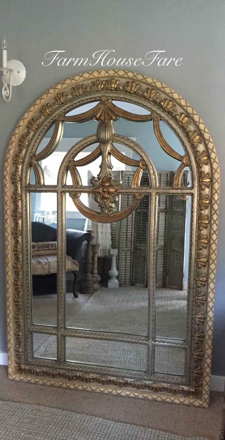 Large Gold Leaning Mirror Arched Wall Hanging Hollywood Regency In Gold Arch Top Wall Mirrors (View 14 of 15)