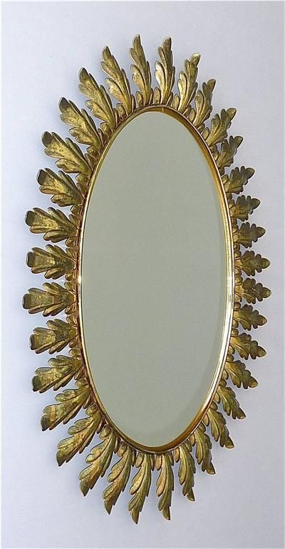 Large Oval Midcentury Floral Leaf Starburst Sunburst Brass Wall Mirror Intended For Brass Sunburst Wall Mirrors (View 13 of 15)