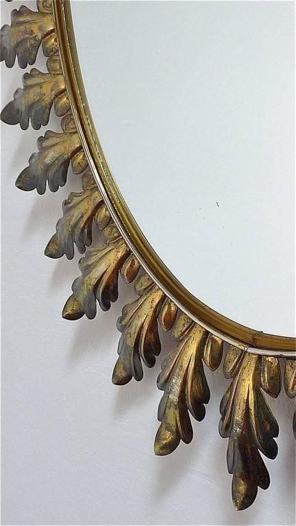Large Oval Midcentury Floral Leaf Starburst Sunburst Brass Wall Mirror Throughout Brass Sunburst Wall Mirrors (View 11 of 15)