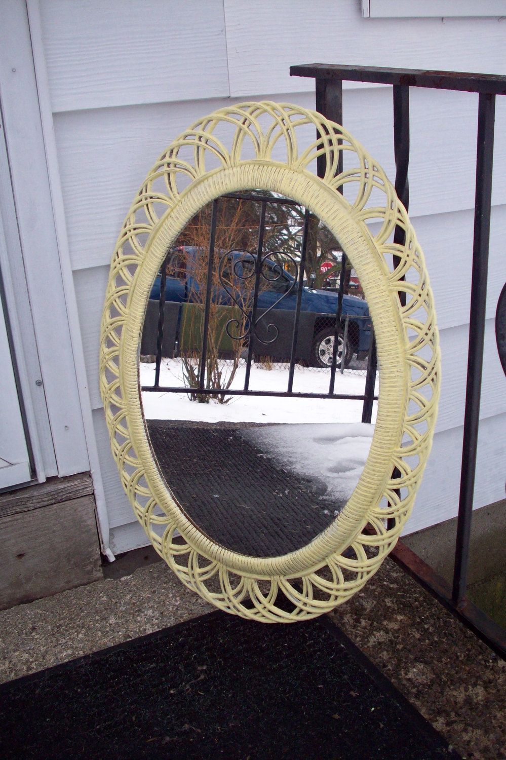 Large Oval Wall Mirror Hand Painted Shabby Cottage Yellow Vintage Resin Pertaining To Lajoie Rustic Accent Mirrors (Photo 2 of 15)