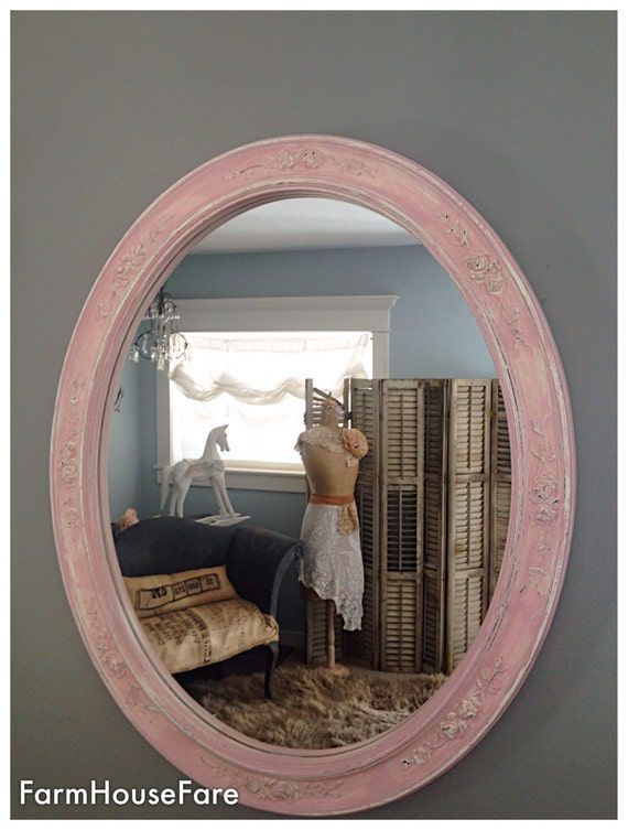 Large Pink Nursery Mirror Oval Shabby Cottage Chic Wall Inside Pink Wall Mirrors (View 7 of 15)