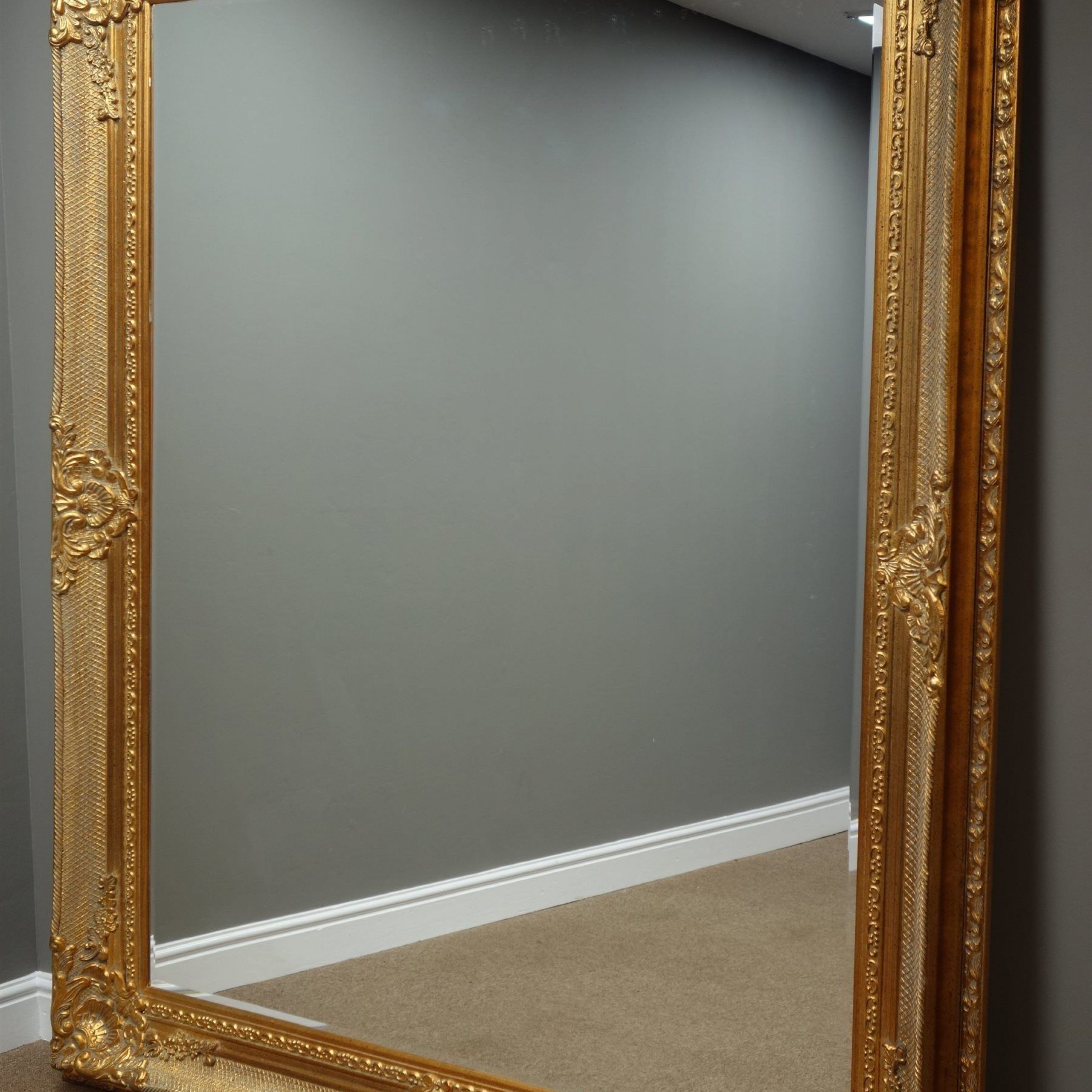 Large Rectangular Bevelled Edge Wall Mirror In Ornate Swept Gilt Frame Intended For Farmhouse Woodgrain And Leaf Accent Wall Mirrors (View 2 of 15)