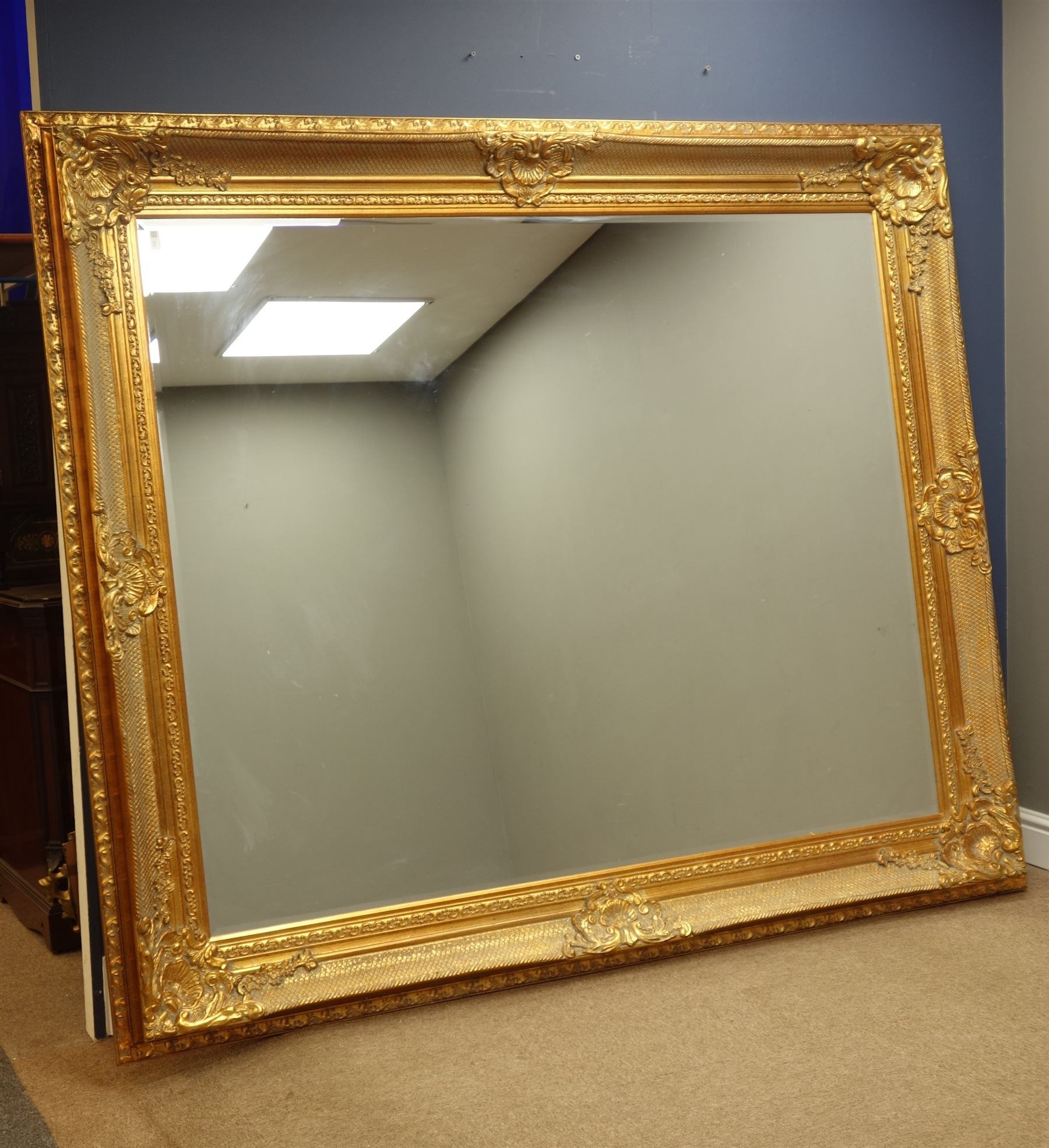 Large Rectangular Bevelled Edge Wall Mirror In Ornate Swept Gilt Frame Throughout Edged Wall Mirrors (View 3 of 15)