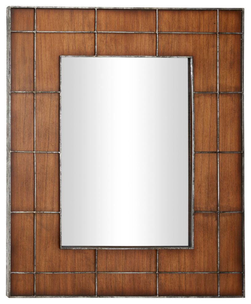 Large Rectangular Golden Brown Wood Wall Mirror With Metal Grid Overlay Intended For Chestnut Brown Wall Mirrors (View 4 of 15)
