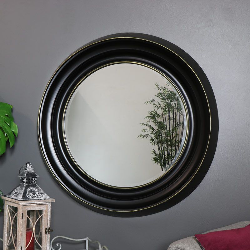 Large Round Black Metal Framed Wall Mirror Retro Industrial Living Room Pertaining To Scalloped Round Wall Mirrors (View 11 of 15)