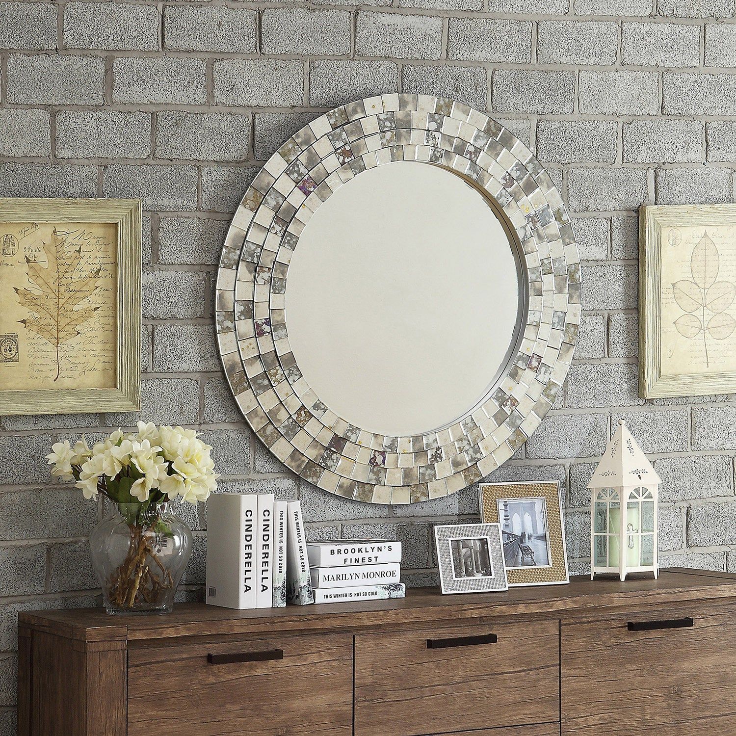 Large Round Mosaic Wall Mirror Gray/silver/brown Beveled Mottled Glam Intended For Scalloped Round Wall Mirrors (View 12 of 15)