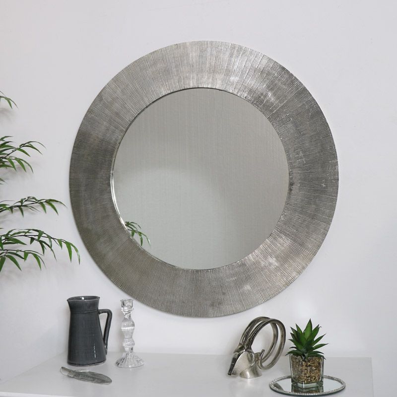 Large Round Silver Wall Mirror 88cm X 88cm Within Round Grid Wall Mirrors (View 8 of 15)