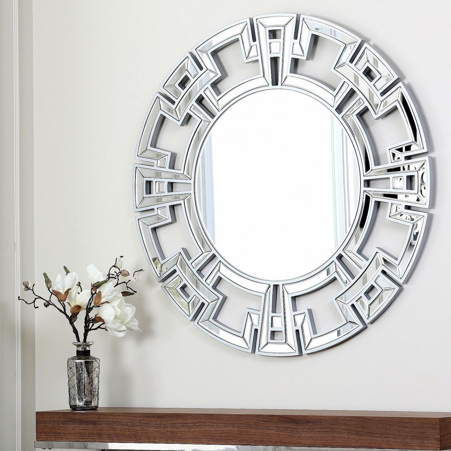 Large Round Silver Wall Mirror Geometric Greek Key Design Glam Mod Chic Throughout Vertical Round Wall Mirrors (Photo 8 of 15)