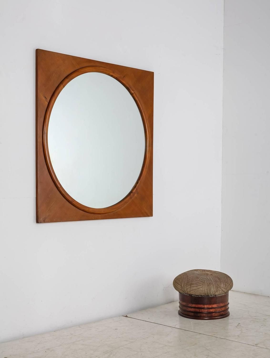 Large Round Wall Mirror In Square Walnut Frame, Italy, 1940s For Sale In Square Oversized Wall Mirrors (View 9 of 15)