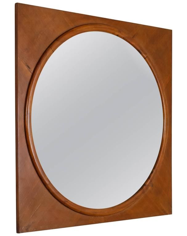 Large Round Wall Mirror In Square Walnut Frame, Italy, 1940s For Sale Inside Uneven Round Framed Wall Mirrors (View 9 of 15)