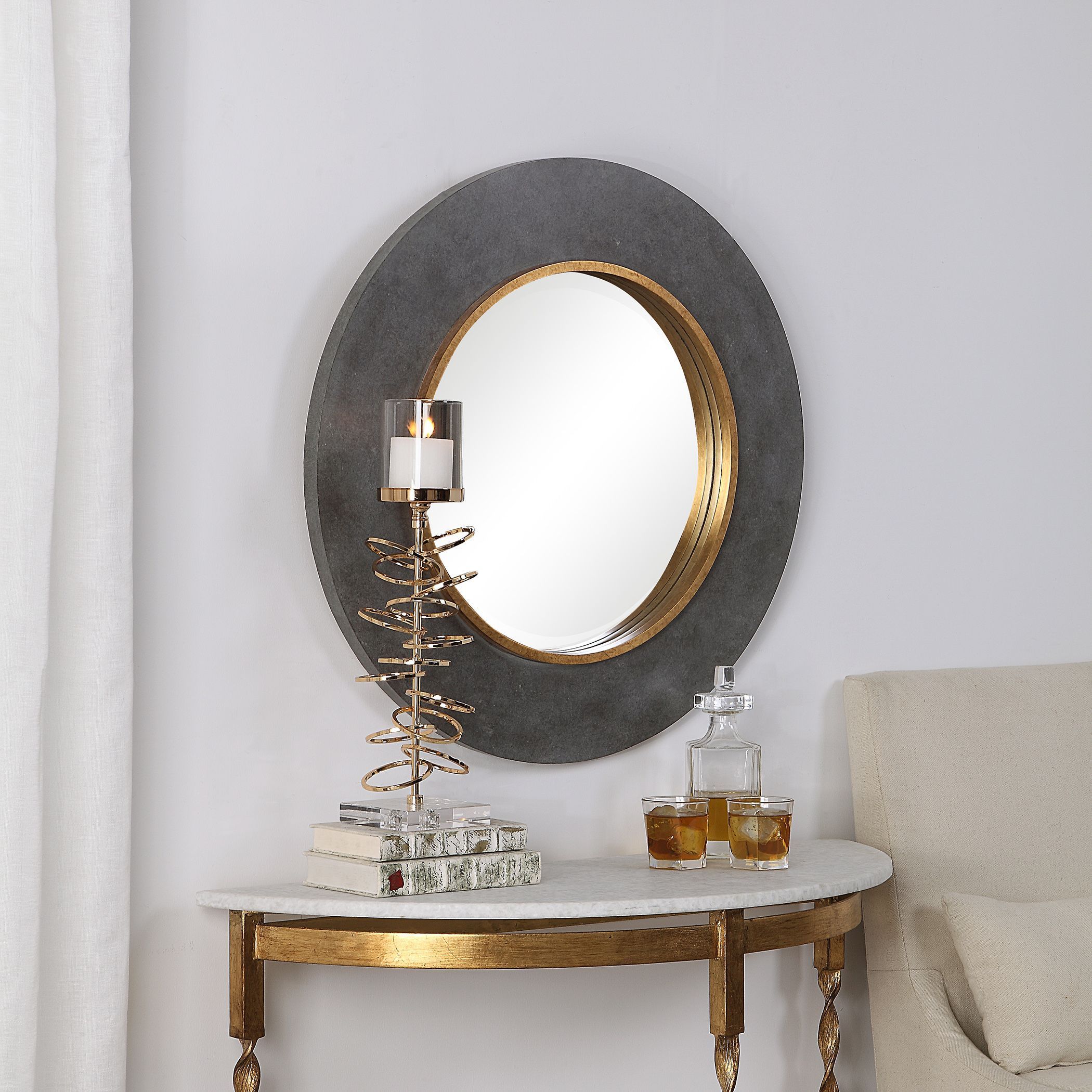 Large Round Wood Beveled Wall Mirror Contemporary Charcoal Concrete Inside Round Grid Wall Mirrors (View 4 of 15)