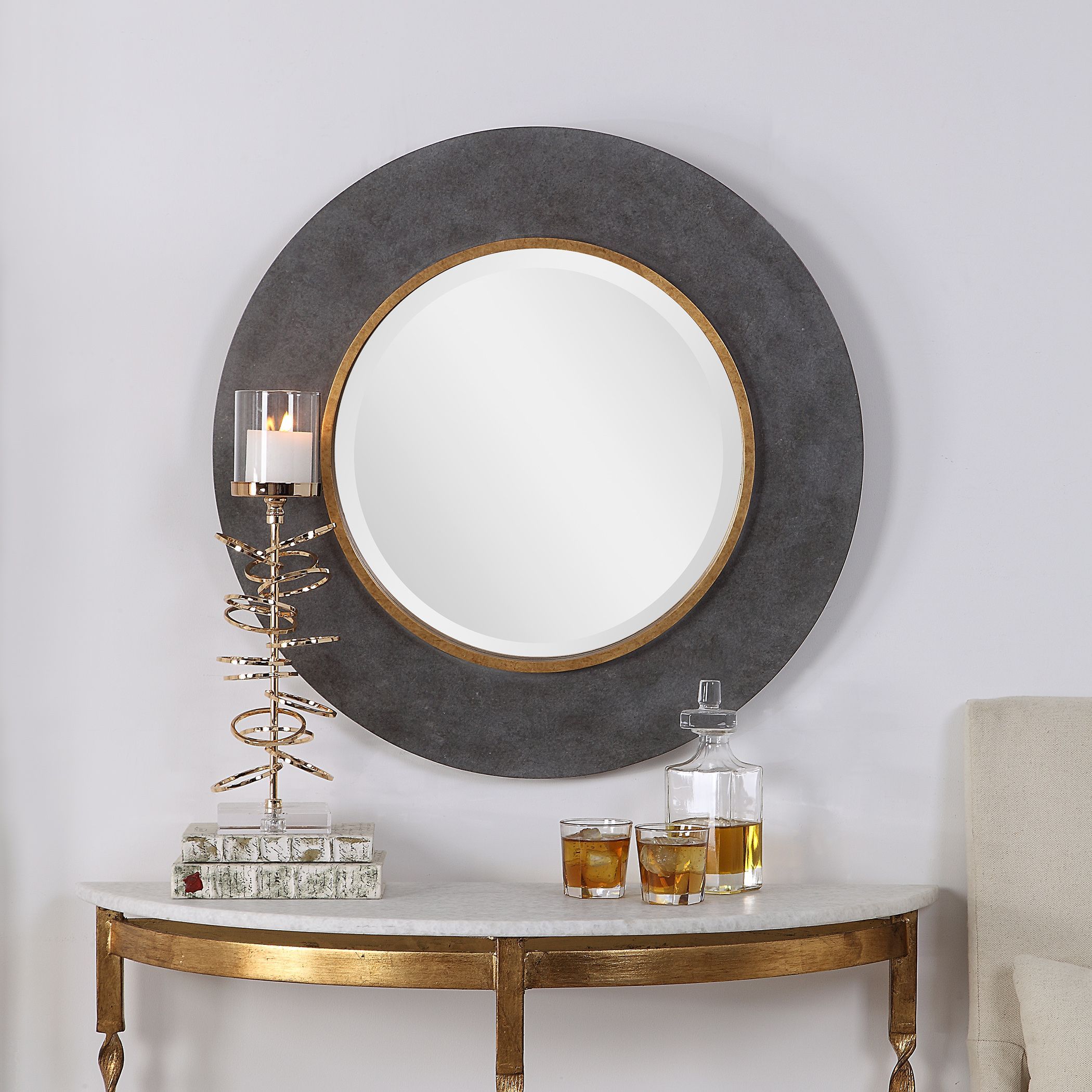 Large Round Wood Beveled Wall Mirror Contemporary Charcoal Concrete Throughout Charcoal Gray Wall Mirrors (View 14 of 15)