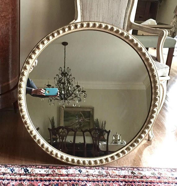 Large Round Wooden Mirror, Vintage Gesso Beaded Mirror, Gold With White With Regard To Round Beaded Trim Wall Mirrors (View 13 of 15)