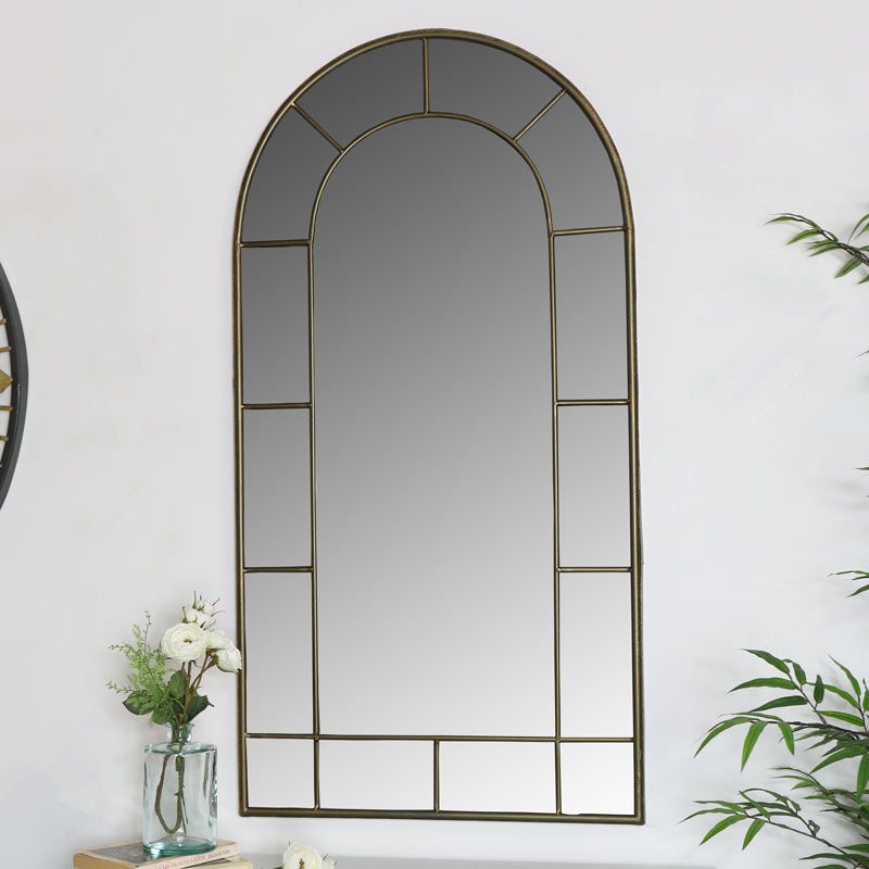 Large Rustic Grey Metal Frame Arch Window Style Wall Mirror Living Room Regarding Waved Arch Tall Traditional Wall Mirrors (View 1 of 15)