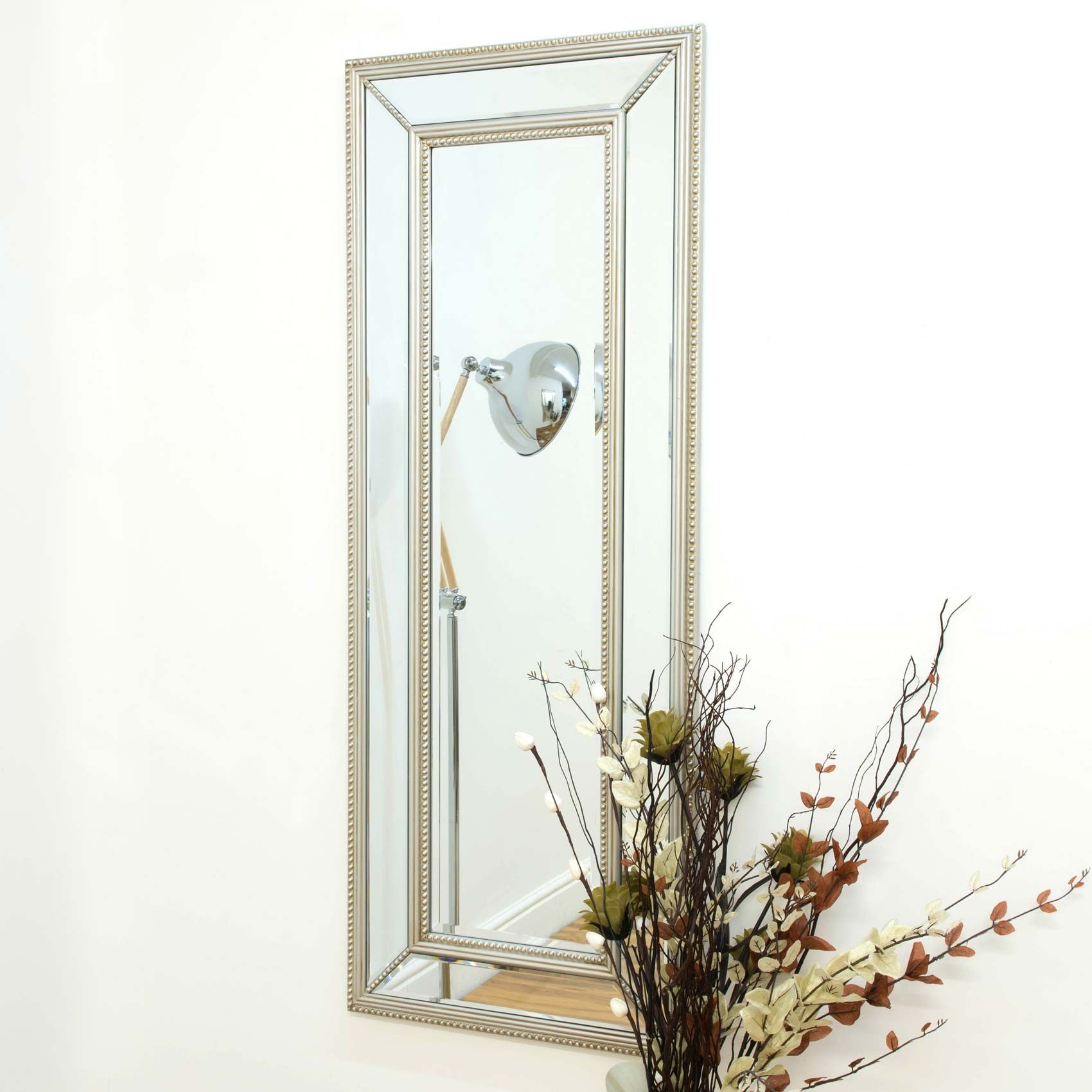 Large Silver Beaded Edge Modern All Glass Wall Mirror 4ft11 X 1ft11 Inside Silver Beaded Square Wall Mirrors (View 4 of 15)